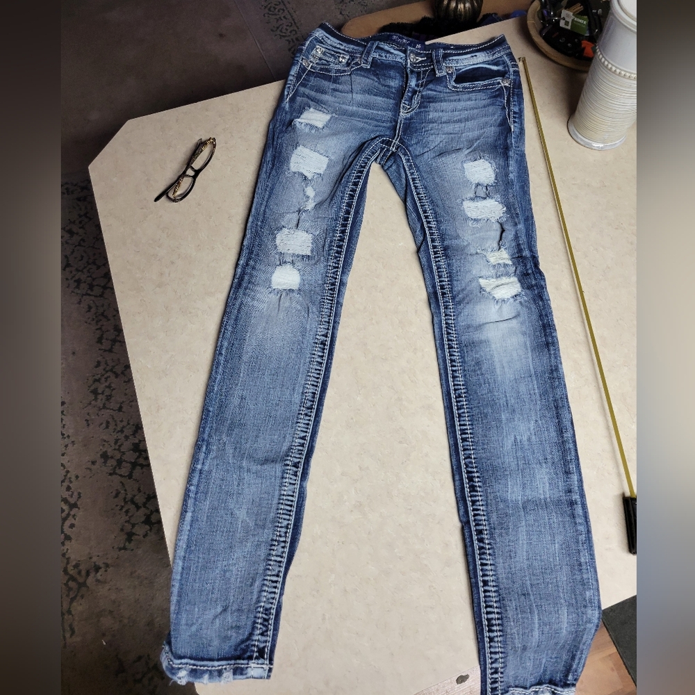 Miss me jeans size 26 mid rise skinny distressed, embellished-blue/silver - Picture 8 of 15
